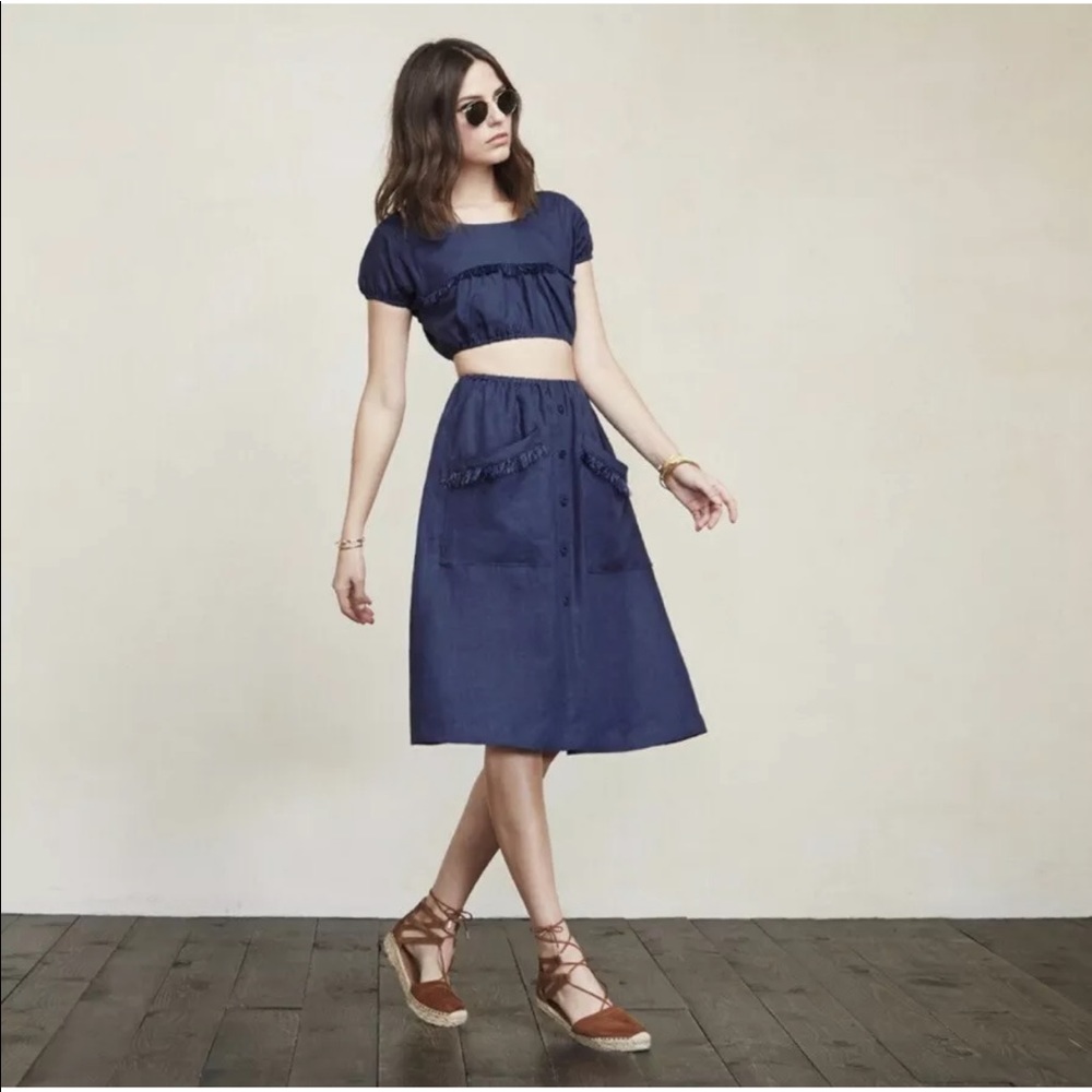 Reformation Navy Linen  Midi Skirt Two Piece XS